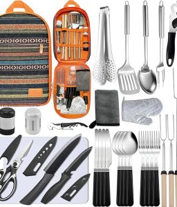 Camping Cooking Utensils Set - Camping Utensil Set Car Camping Cooking Essentials Gear for Camp Kitchen Cooking and Grilling, Stainless Steel & Silicone Ideal Gift for RV Tent Camper